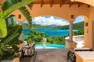 A stunning view from the porch of via delfina looking out onto Peter Bay.