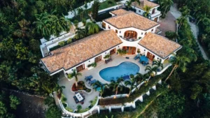 a wide overhead view of isla vista villa on st. john, usvi.