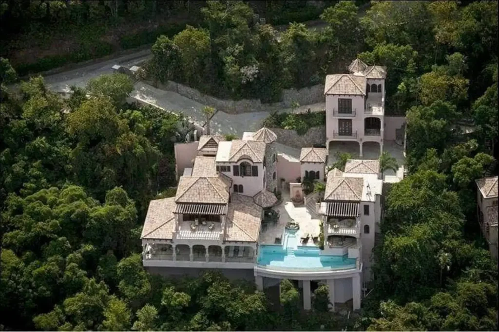 An exterior drone shot overlooking the Villa Carlotta property.