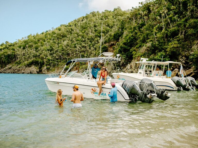 People enjoying the water from a On the Sea charter on a Caribbean beach.
